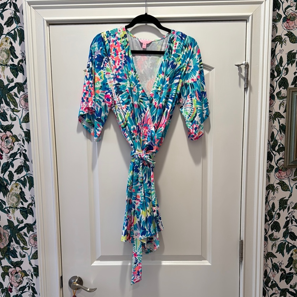 Lilly Pulitzer romper Blue Madilyn Multi Dive Tie Dye v neck play suit XL